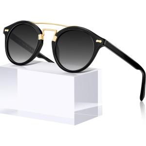 imageCARFIA Small Face Acetate Double Bridge Sunglasses for Women Polarized UV Protection Retro Metal Brow Eyewears Round Sunnies5 Black Frame Gradient Grey Lens