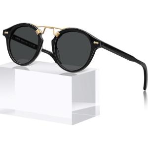 imageCARFIA Double Bridge Acetate Polarized Sunglasses for Men UV Protection Retro Cool Male Eyewears Metal Brow Round Sunnies2 Black Frame Grey Lens