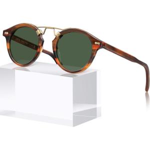 imageCARFIA Double Bridge Acetate Polarized Sunglasses for Men UV Protection Retro Cool Male Eyewears Metal Brow Round Sunnies3 Brown Striped Frame Green Lens