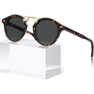 imageCARFIA Double Bridge Acetate Polarized Sunglasses for Men UV Protection Retro Cool Male Eyewears Metal Brow Round Sunnies4 Tortoise Frame Grey Lens