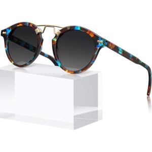 imageCARFIA Double Bridge Acetate Polarized Sunglasses for Men UV Protection Retro Cool Male Eyewears Metal Brow Round Sunnies8 Blue Floral Tortoise Frame Gradient Grey Lens