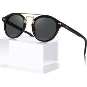 imageCARFIA Retro Acetate Small Face Polarized Sunglasses for Men Women Trendy Metal Double Bridge Round Sun Glasses CA3399L1 Black Frame Gray Lenses