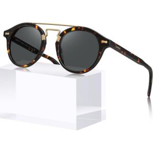 imageCARFIA Retro Acetate Small Face Polarized Sunglasses for Men Women Trendy Metal Double Bridge Round Sun Glasses CA3399L2 Tortoise Frame Gray Lenses