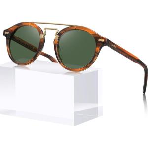 imageCARFIA Retro Acetate Small Face Polarized Sunglasses for Men Women Trendy Metal Double Bridge Round Sun Glasses CA3399L31 Brown Striped Frame Green Lenses