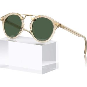 imageCARFIA Double Bridge Small Acetate Sunglasses for Women Polarized Retro Metal Brow Ladies Sunnies Fashion Round Eyewears11 Clear Yellow Frame Green Lens