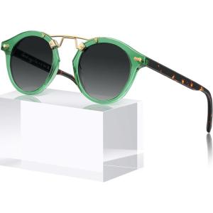 imageCARFIA Double Bridge Small Acetate Sunglasses for Women Polarized Retro Metal Brow Ladies Sunnies Fashion Round Eyewears3 Translucent Green Frame Gradient Grey Lens
