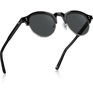 image:imageCARFIA Retro Round Polarized Sunglasses For Men Acetate SemiRimless Frames Driving Sun Glasses UV 400 Protection1 Black Frame Grey Lens