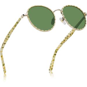image:imageCARFIA Retro Round Polarized Sunglasses for Women UV Protection Acetate Arms Metal Frame Driving GlassesG Cream White Checkered Frame  Green Lens