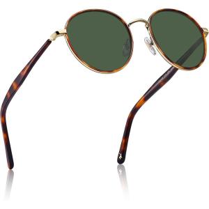 image:imageCARFIA Retro Round Polarized Sunglasses for Women UV Protection Acetate Arms Metal Frame Driving GlassesI Tortoise Frame  Green Lens