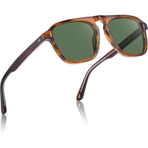 image:imageCARFIA Polarized Sunglasses for Men UV400 Protection  Pilot Design Acetate Sun Glasses for Driving Fishing Outdoor CA53551 Brown Striped Frame Green Lens