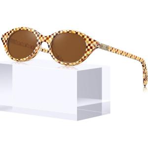 image:imageCARFIA Acetate Oval Womens Polarized Sunglasses UV Protection Trendy Designer Retro Handmade Shades Fit Most Face Shapes4 Tricolor Checkered Frame Brown Lens