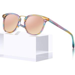image:imageCARFIA Round Acetate Small Face Polarized Sunglasses for Women Fashion Retro Metal Bridge Shades CA501561 Rainbow Frame Pink Mirror