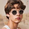 image:imageCARFIA Double Bridge Acetate Polarized Sunglasses for Men UV Protection Retro Cool Male Eyewears Metal Brow Round Sunnies2 Transparent Frame Gradient Grey Lens