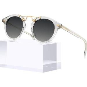 image:imageCARFIA Double Bridge Acetate Polarized Sunglasses for Men UV Protection Retro Cool Male Eyewears Metal Brow Round Sunnies2 Transparent Frame Gradient Grey Lens
