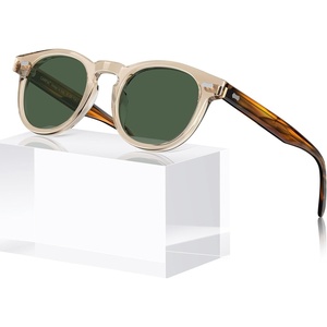 image:imageCARFIA Retro Cool Acetate Sunglasses for Men Polarized UV Protection Keyhole Round Shades with Embossed Pattern Wire Core2 Clear Yellow Frame Green Lens