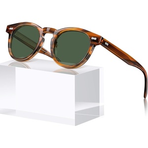image:imageCARFIA Retro Cool Acetate Sunglasses for Men Polarized UV Protection Keyhole Round Shades with Embossed Pattern Wire Core3 Brown Striped Frame Green Lens