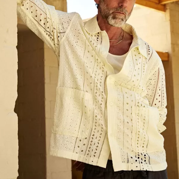 chouyatou Mens Button Down Crochet Beach Shirt Blouses Long Sleeve Lace Embroidery Vacation Top ShirtsWhite