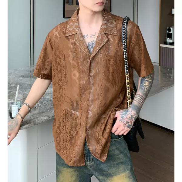 chouyatou Mens Casual Button Down Cuban Collar Crochet Shirt Blouses Short Sleeve Beach Vacation Top ShirtsBrown