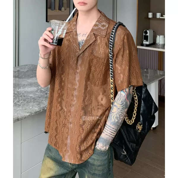 chouyatou Mens Casual Button Down Cuban Collar Crochet Shirt Blouses Short Sleeve Beach Vacation Top ShirtsBrown