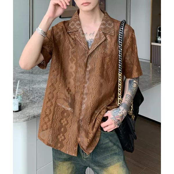 chouyatou Mens Casual Button Down Cuban Collar Crochet Shirt Blouses Short Sleeve Beach Vacation Top ShirtsBrown