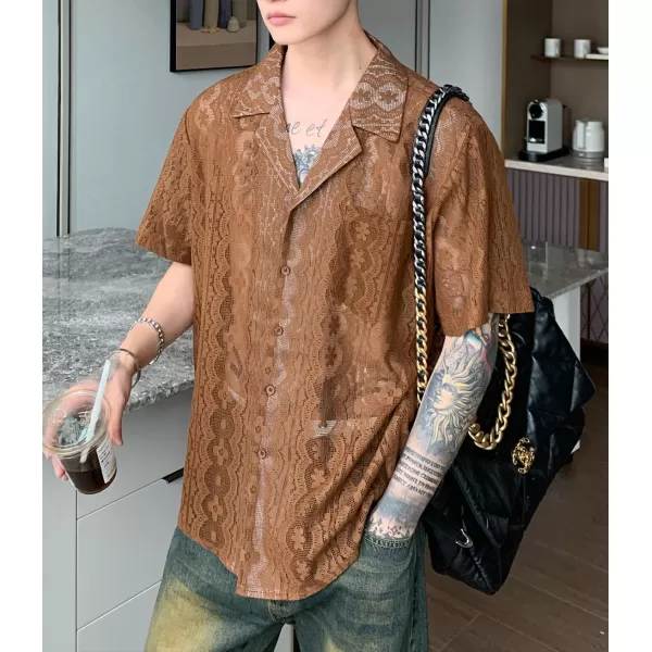 chouyatou Mens Casual Button Down Cuban Collar Crochet Shirt Blouses Short Sleeve Beach Vacation Top ShirtsBrown