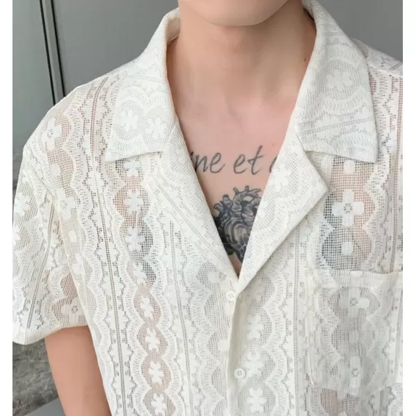 chouyatou Mens Casual Button Down Cuban Collar Crochet Shirt Blouses Short Sleeve Beach Vacation Top ShirtsWhite