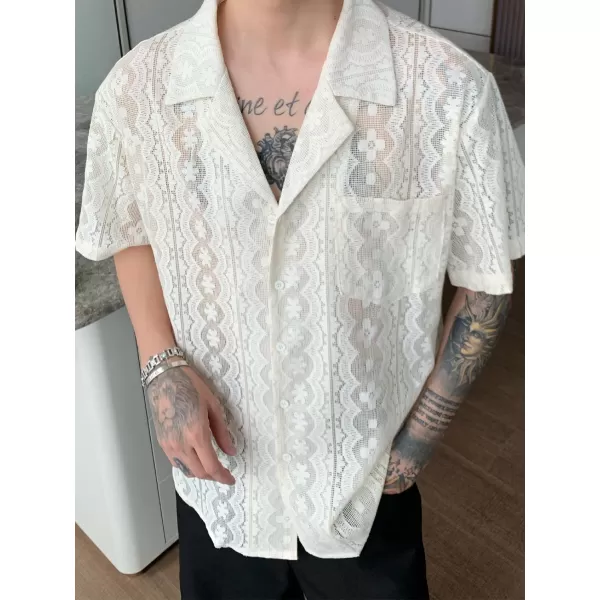 chouyatou Mens Casual Button Down Cuban Collar Crochet Shirt Blouses Short Sleeve Beach Vacation Top ShirtsWhite
