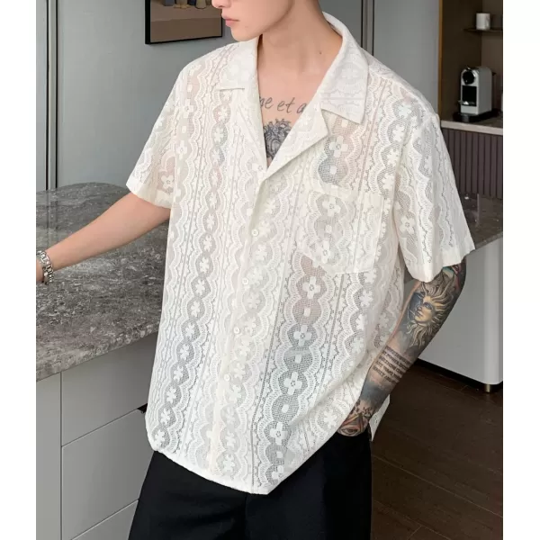 chouyatou Mens Casual Button Down Cuban Collar Crochet Shirt Blouses Short Sleeve Beach Vacation Top ShirtsWhite