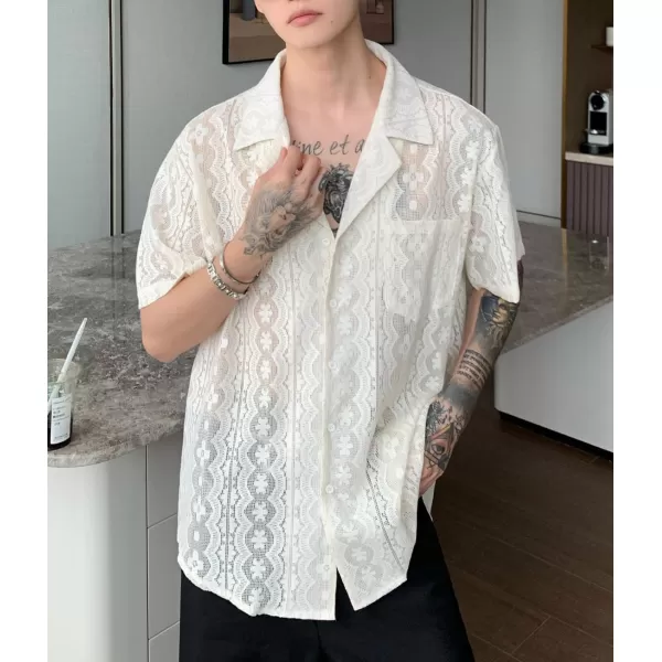 chouyatou Mens Casual Button Down Cuban Collar Crochet Shirt Blouses Short Sleeve Beach Vacation Top ShirtsWhite