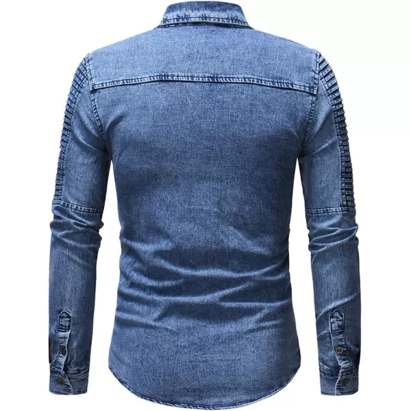 chouyatou Mens Casual Ruffle Performance Button Down Distressed Denim ShirtBlue