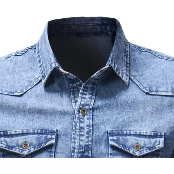 chouyatou Mens Casual Ruffle Performance Button Down Distressed Denim ShirtBlue