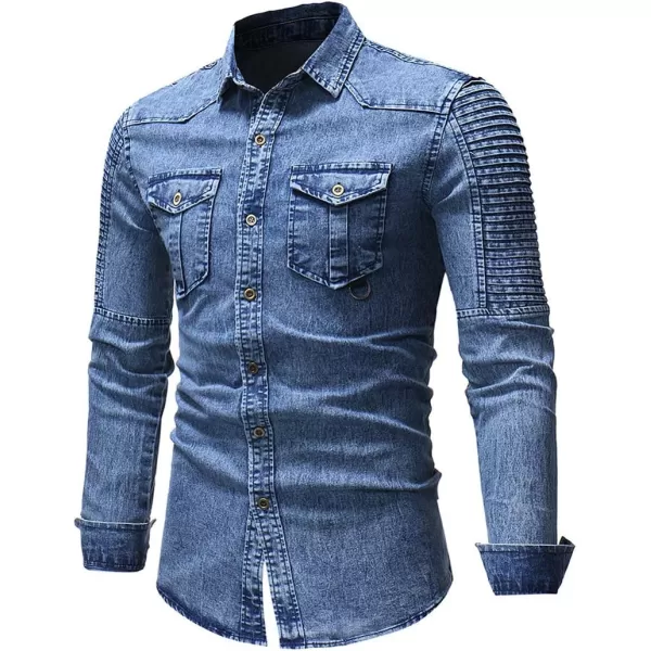 chouyatou Mens Casual Ruffle Performance Button Down Distressed Denim ShirtBlue