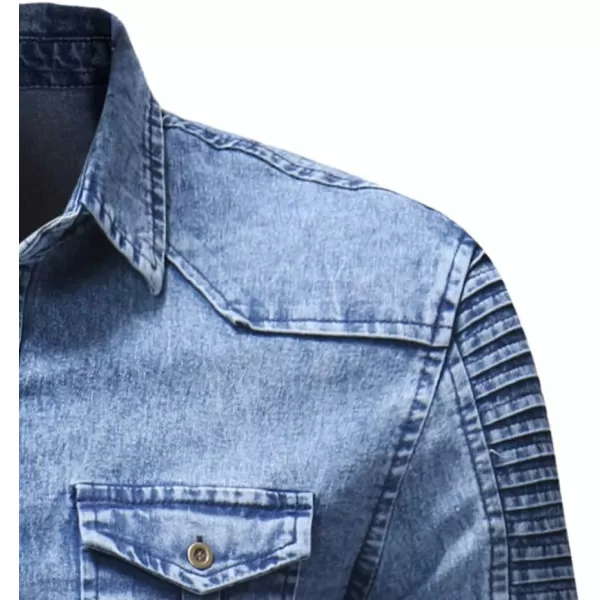 chouyatou Mens Casual Ruffle Performance Button Down Distressed Denim ShirtBlue