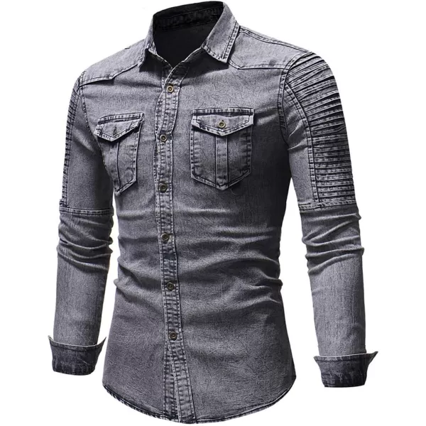 chouyatou Mens Casual Ruffle Performance Button Down Distressed Denim ShirtGrey