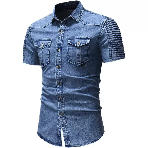 chouyatou Mens Casual Ruffle Performance Button Down Distressed Denim ShirtShort Blue