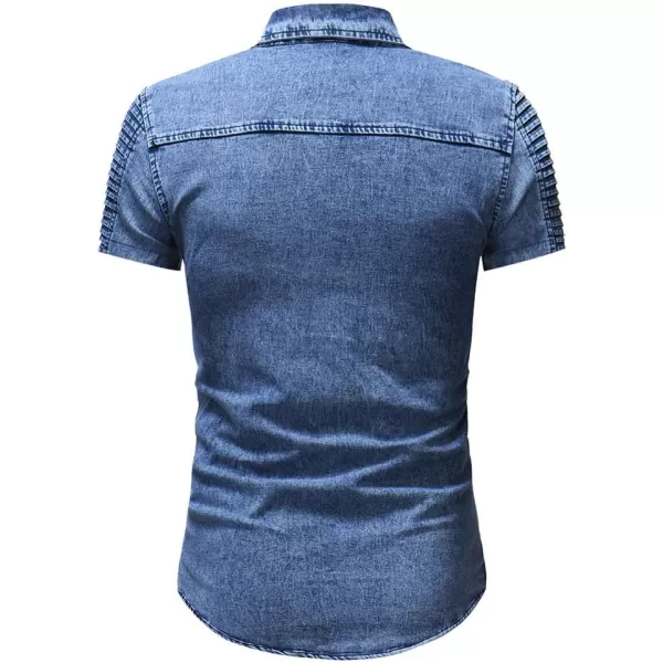 chouyatou Mens Casual Ruffle Performance Button Down Distressed Denim ShirtShort Blue