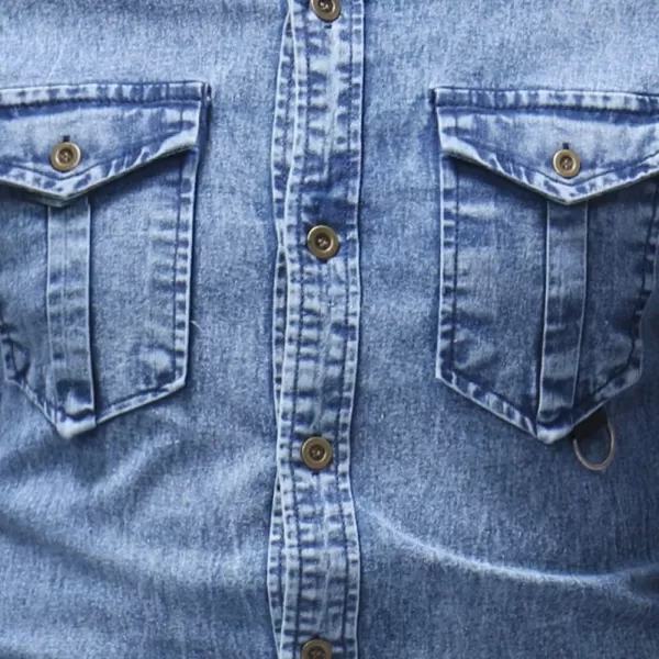 chouyatou Mens Casual Ruffle Performance Button Down Distressed Denim ShirtShort Blue