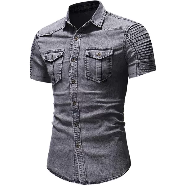 chouyatou Mens Casual Ruffle Performance Button Down Distressed Denim ShirtShort Grey