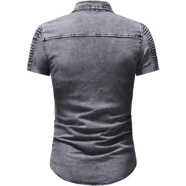 chouyatou Mens Casual Ruffle Performance Button Down Distressed Denim ShirtShort Grey