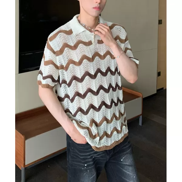 chouyatou Mens Casual Striped Polo Collared TShirt Short Sleeve Crochet Knit Blouse Shirts Hollow Out TopsBeige White