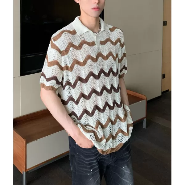 chouyatou Mens Casual Striped Polo Collared TShirt Short Sleeve Crochet Knit Blouse Shirts Hollow Out TopsBeige White