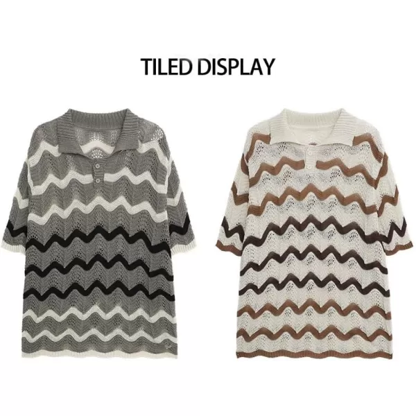 chouyatou Mens Casual Striped Polo Collared TShirt Short Sleeve Crochet Knit Blouse Shirts Hollow Out TopsBeige White