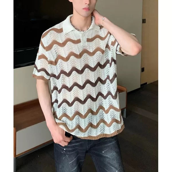 chouyatou Mens Casual Striped Polo Collared TShirt Short Sleeve Crochet Knit Blouse Shirts Hollow Out TopsBeige White