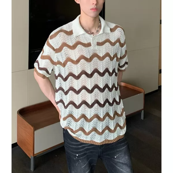 chouyatou Mens Casual Striped Polo Collared TShirt Short Sleeve Crochet Knit Blouse Shirts Hollow Out TopsBeige White
