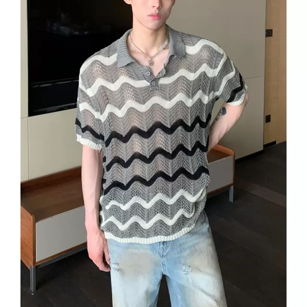 chouyatou Mens Casual Striped Polo Collared TShirt Short Sleeve Crochet Knit Blouse Shirts Hollow Out TopsGray