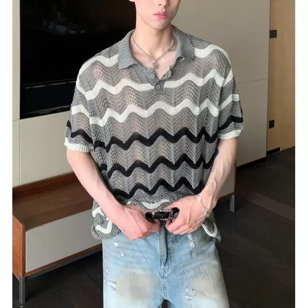 chouyatou Mens Casual Striped Polo Collared TShirt Short Sleeve Crochet Knit Blouse Shirts Hollow Out TopsGray