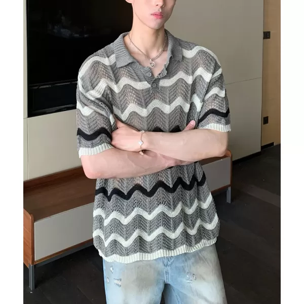 chouyatou Mens Casual Striped Polo Collared TShirt Short Sleeve Crochet Knit Blouse Shirts Hollow Out TopsGray