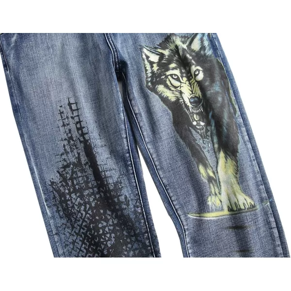 chouyatou Mens Cool Stylish Wolf Pattern Print Regular Fit Distressed Stretch Denim Jeans PantsBlue