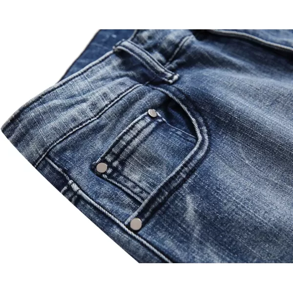 chouyatou Mens Cool Stylish Wolf Pattern Print Regular Fit Distressed Stretch Denim Jeans PantsBlue