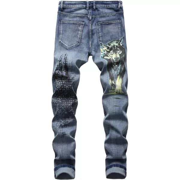 chouyatou Mens Cool Stylish Wolf Pattern Print Regular Fit Distressed Stretch Denim Jeans PantsBlue